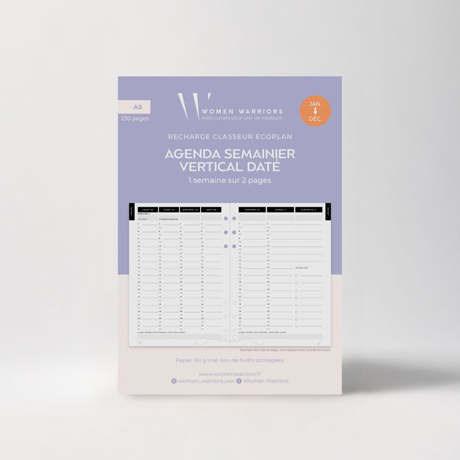 Recharge A5 Agenda Semainier Vertical Janv.>Déc. 2026 • 224 pages.